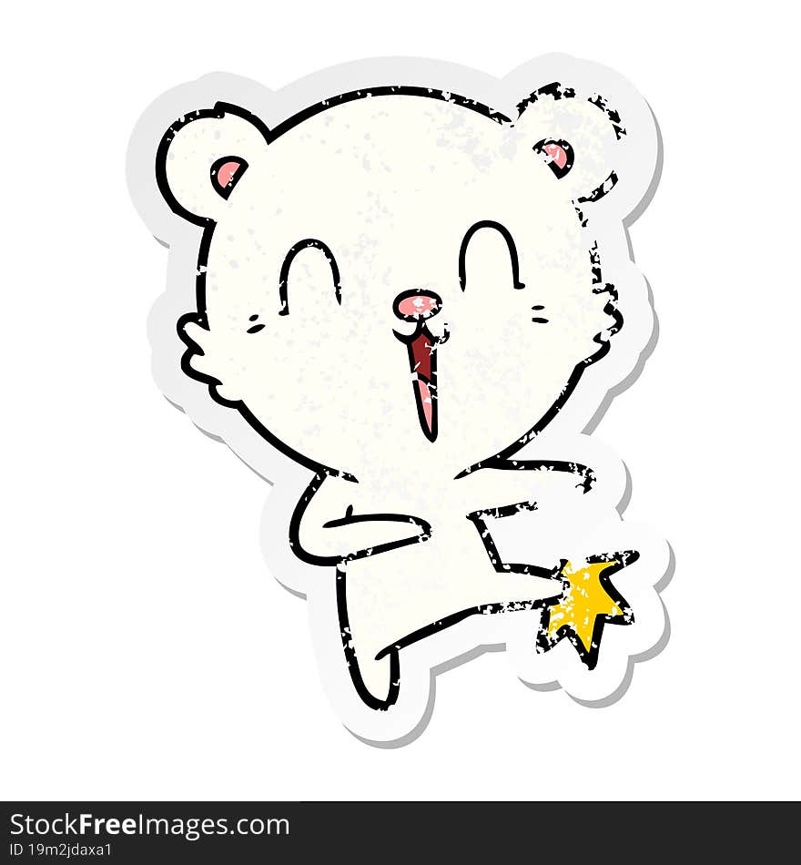 distressed sticker of a happy cartoon polar bear kicking