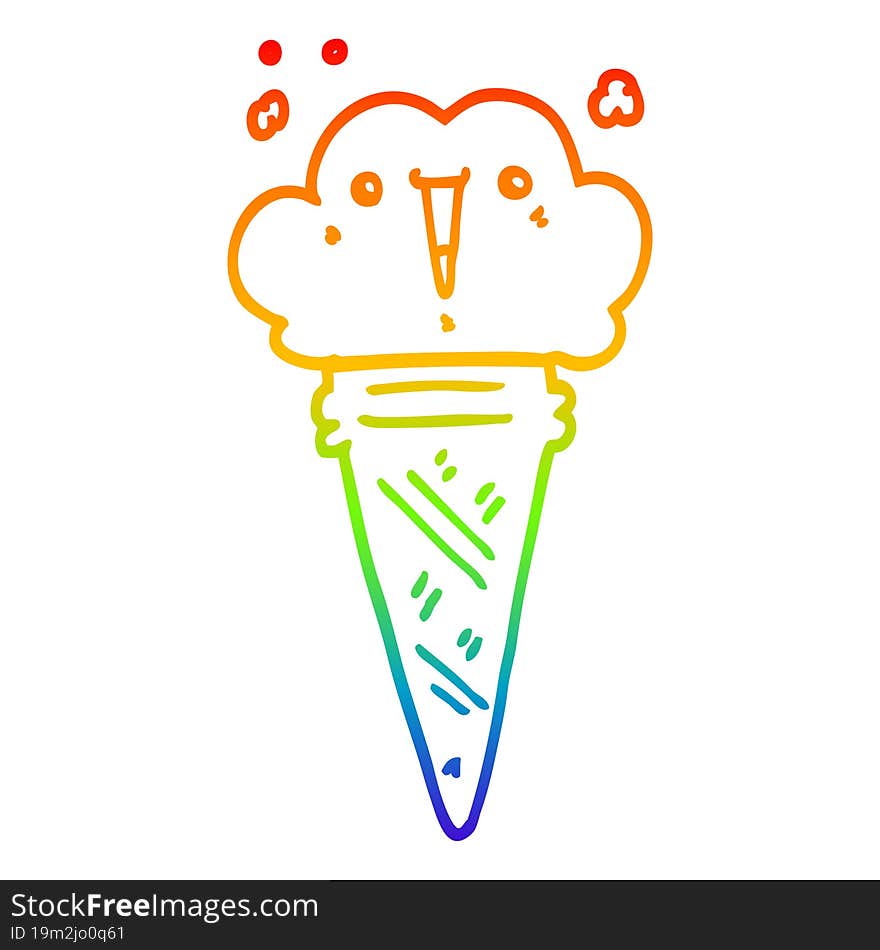 Rainbow Gradient Line Drawing Cartoon Ice Cream With Face