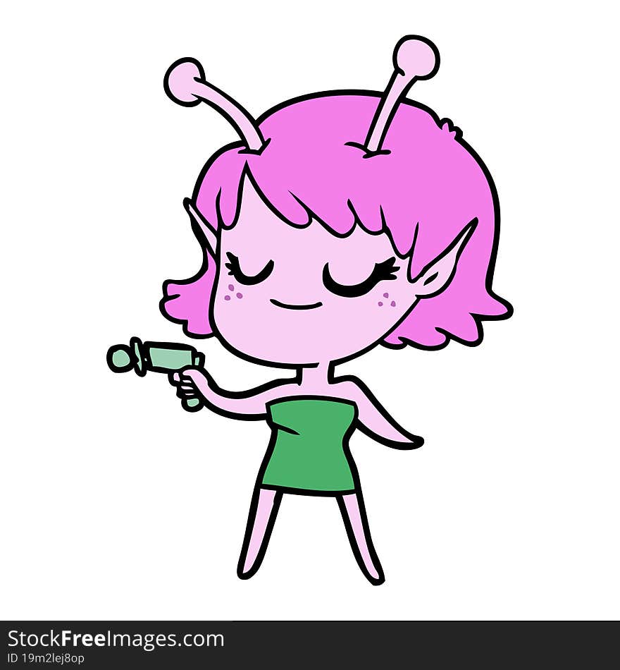 smiling alien girl cartoon pointing ray gun. smiling alien girl cartoon pointing ray gun