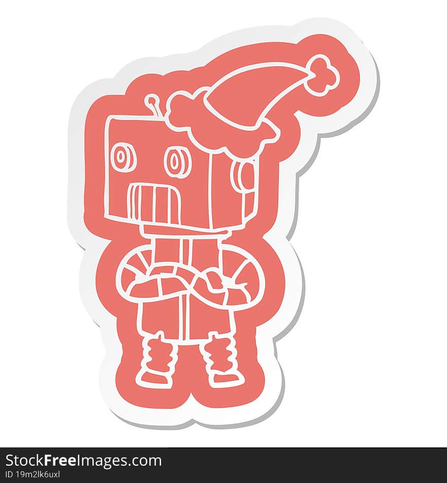 cartoon  sticker of a robot wearing santa hat