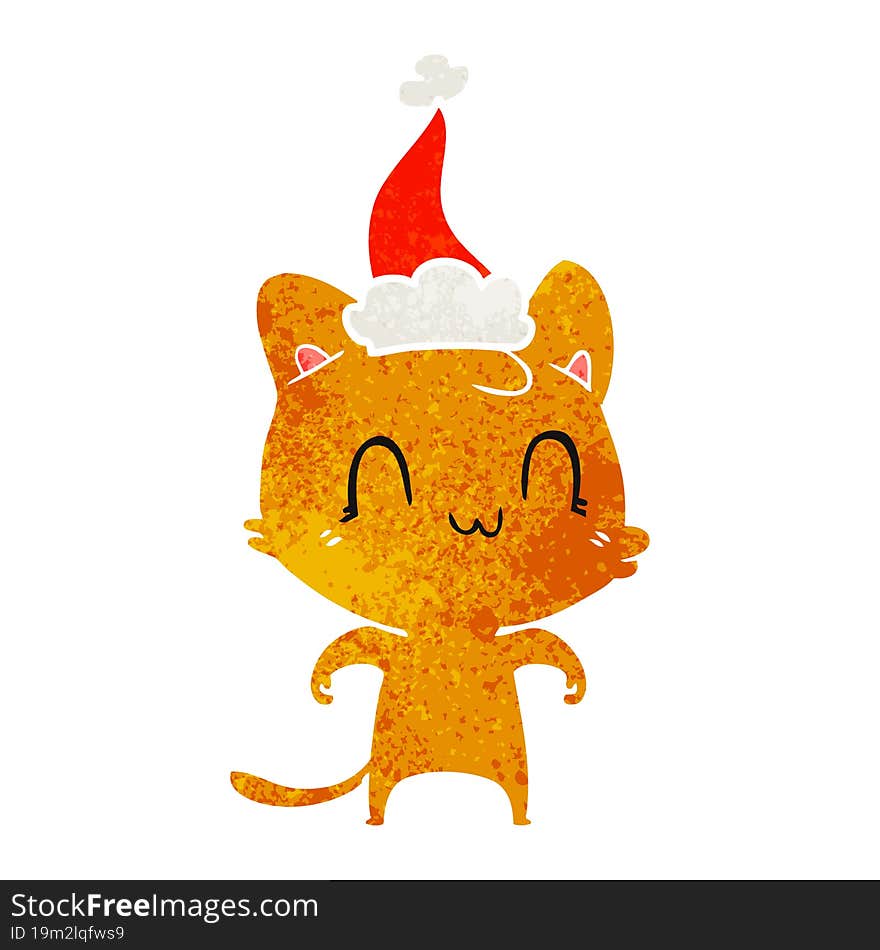 retro cartoon of a happy cat wearing santa hat