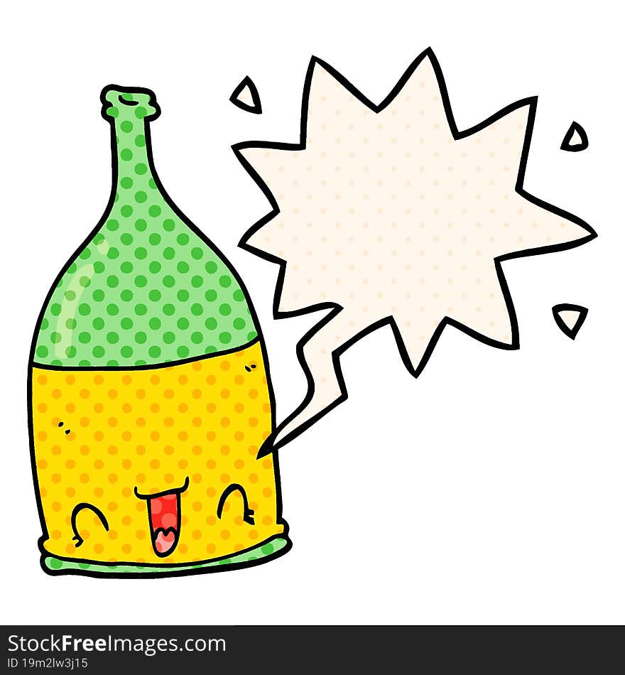 cartoon wine bottle and speech bubble in comic book style