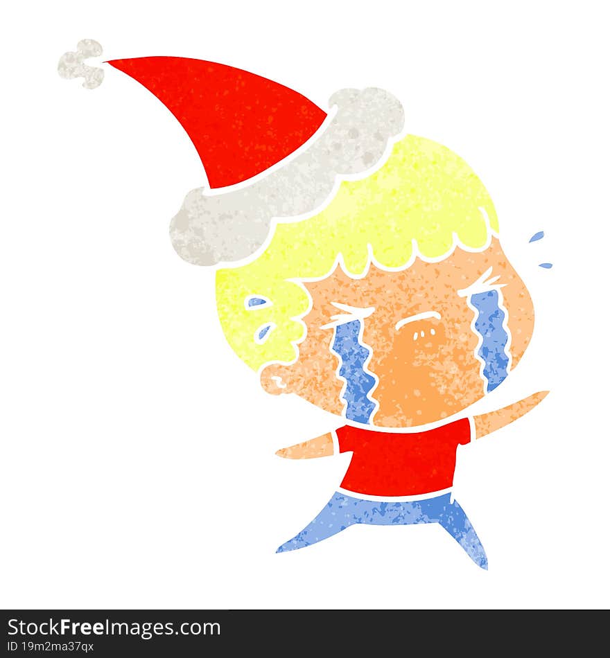 retro cartoon of a man crying wearing santa hat