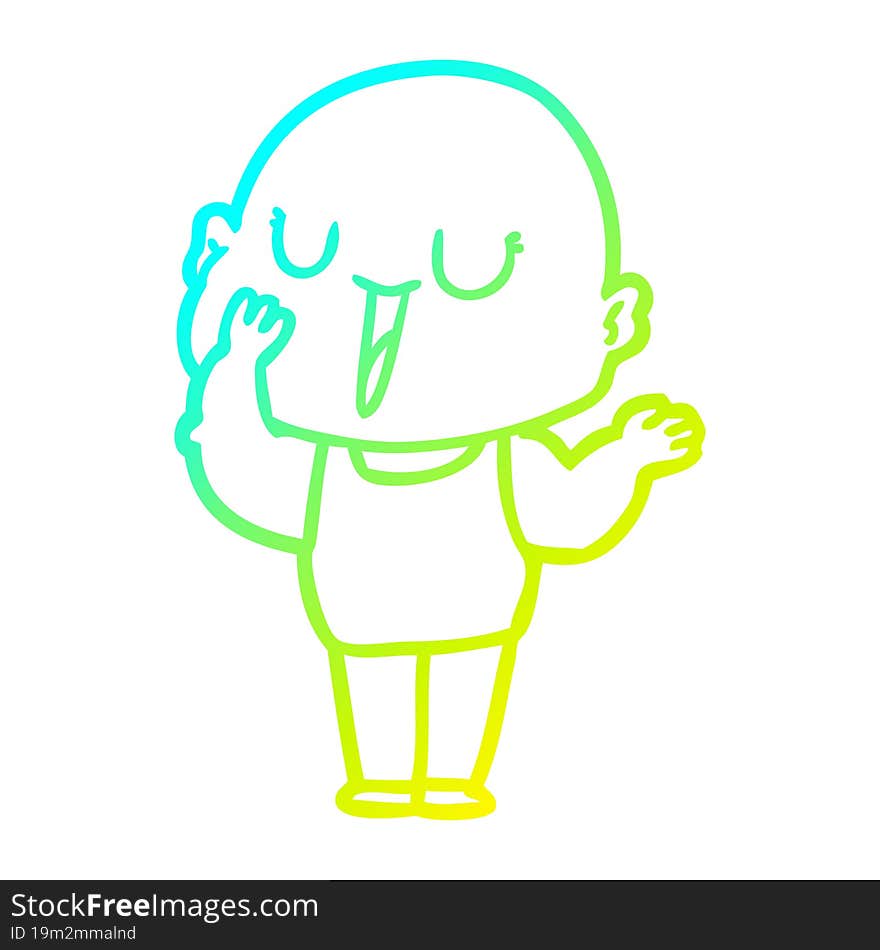 cold gradient line drawing of a happy cartoon bald man yawning