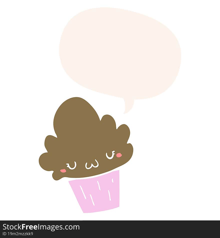 cartoon cupcake and face and speech bubble in retro style