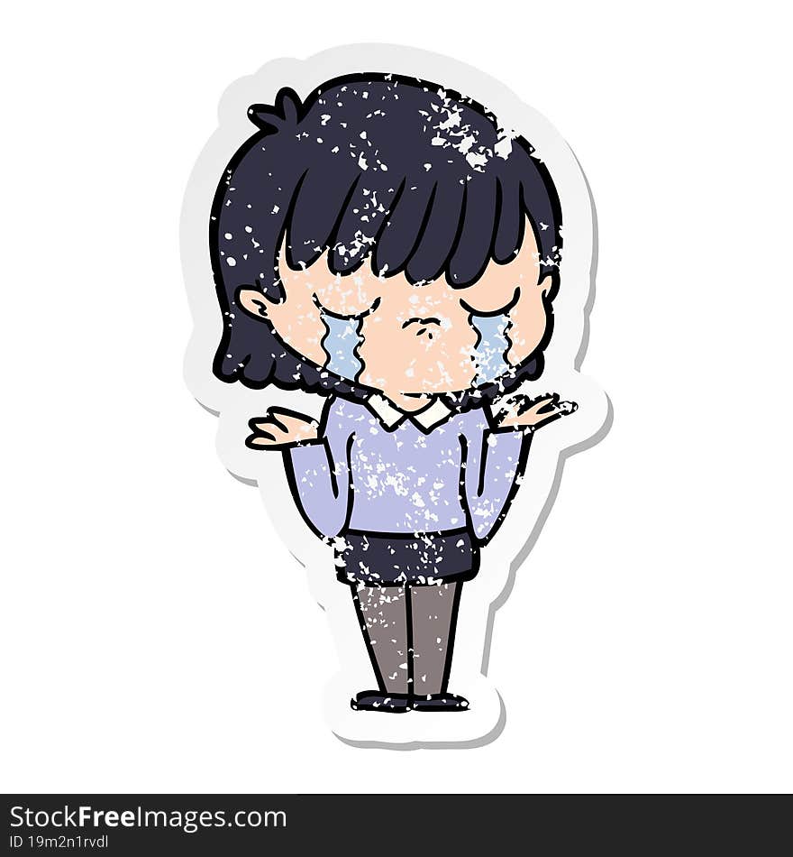 distressed sticker of a cartoon woman crying