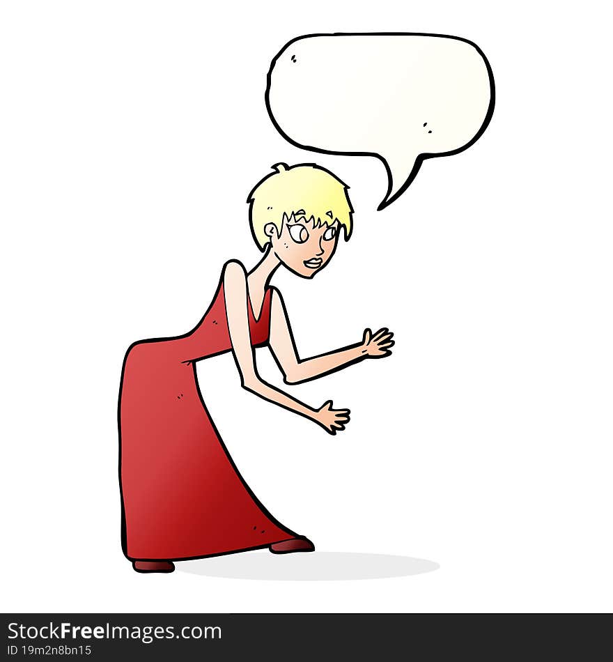 cartoon woman in dress gesturing with speech bubble