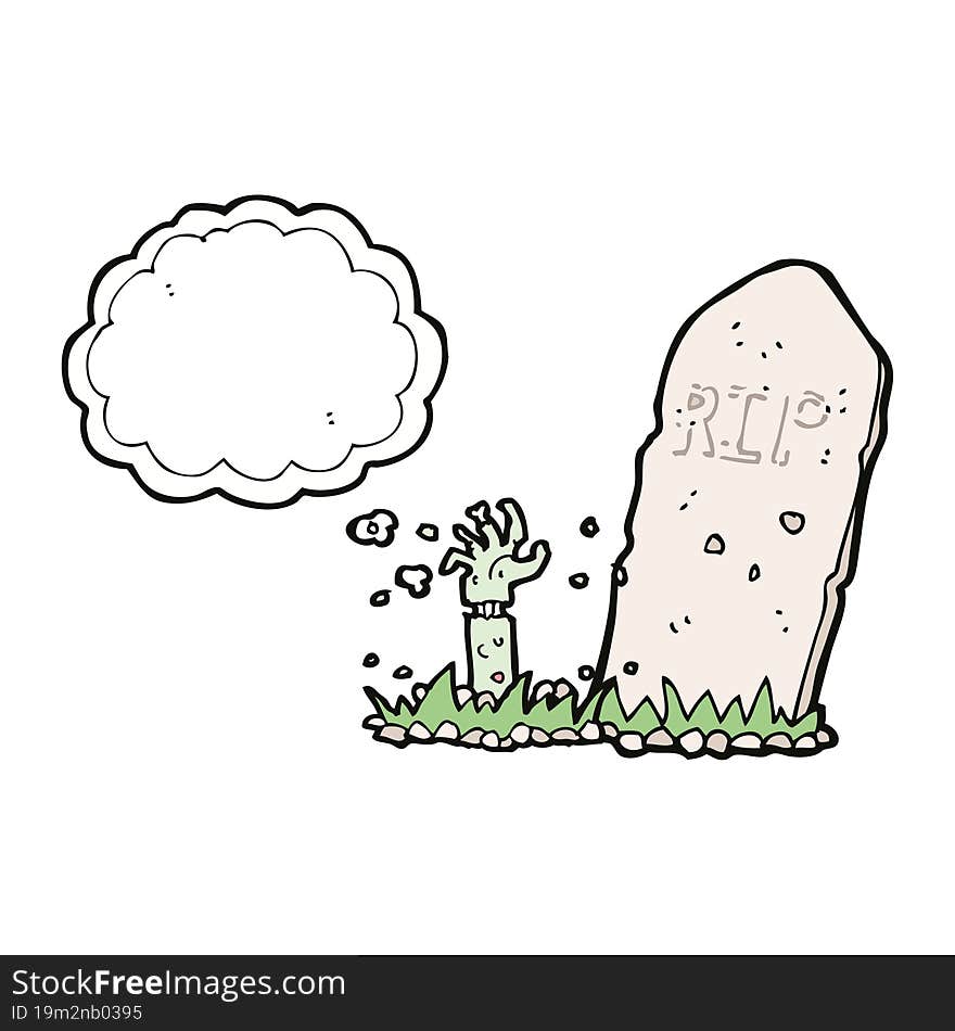 cartoon zombie rising from grave with thought bubble