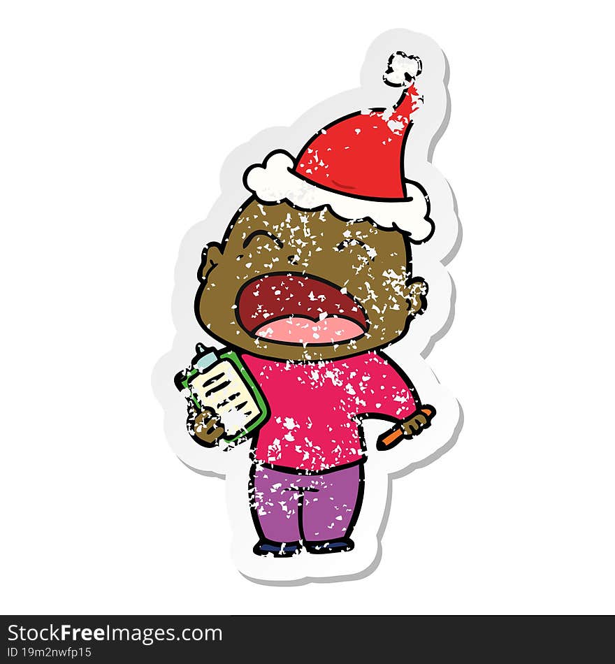 Distressed Sticker Cartoon Of A Shouting Bald Man Wearing Santa Hat