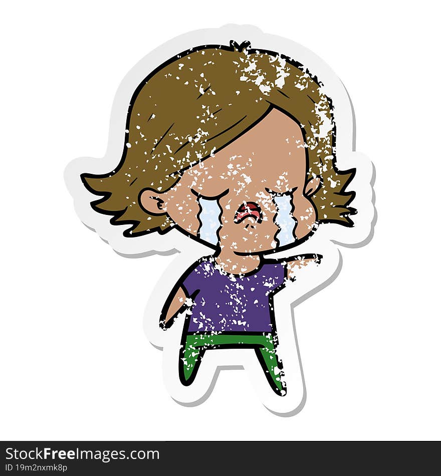 distressed sticker of a cartoon girl crying