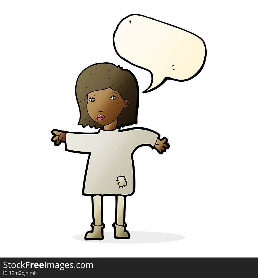 cartoon woman in patched clothing with speech bubble