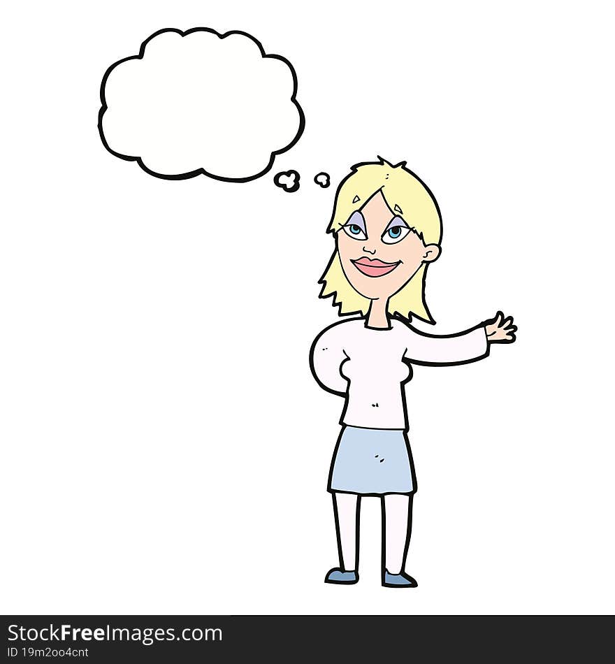 cartoon woman gesturing to show something with thought bubble