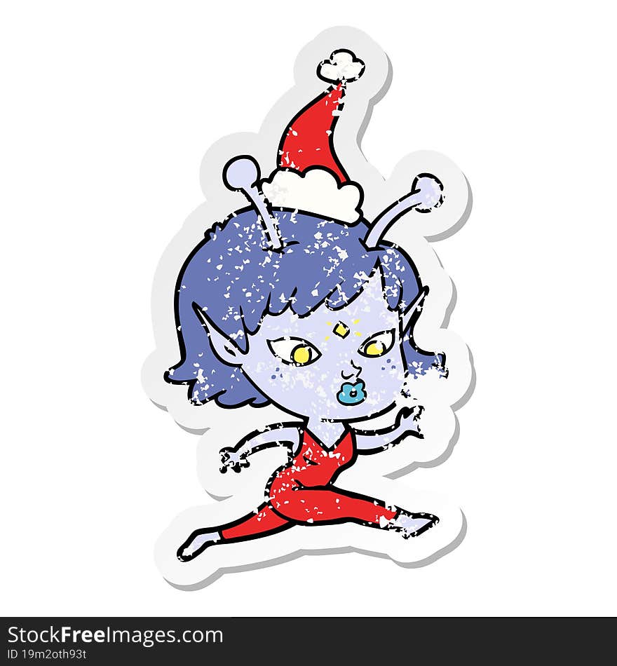 Pretty Distressed Sticker Cartoon Of A Alien Girl Running Wearing Santa Hat