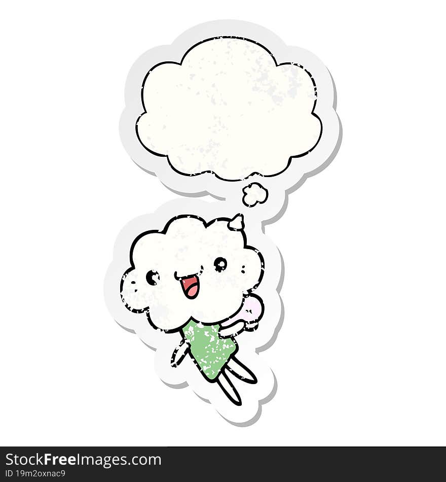 cartoon cloud head creature with thought bubble as a distressed worn sticker