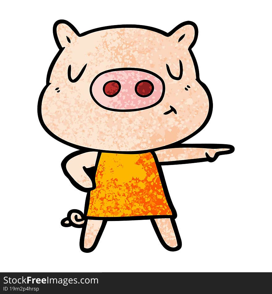 cartoon content pig in dress pointing. cartoon content pig in dress pointing