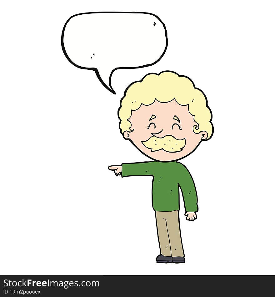 cartoon man with mustache pointing with speech bubble