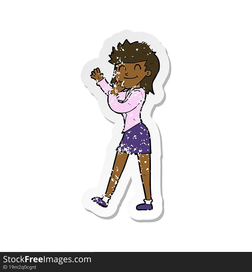 retro distressed sticker of a cartoon happy businesswoman