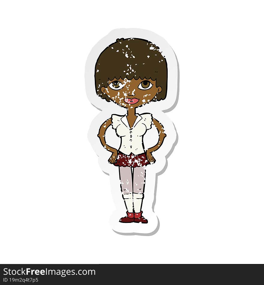 retro distressed sticker of a cartoon woman with hands on hips