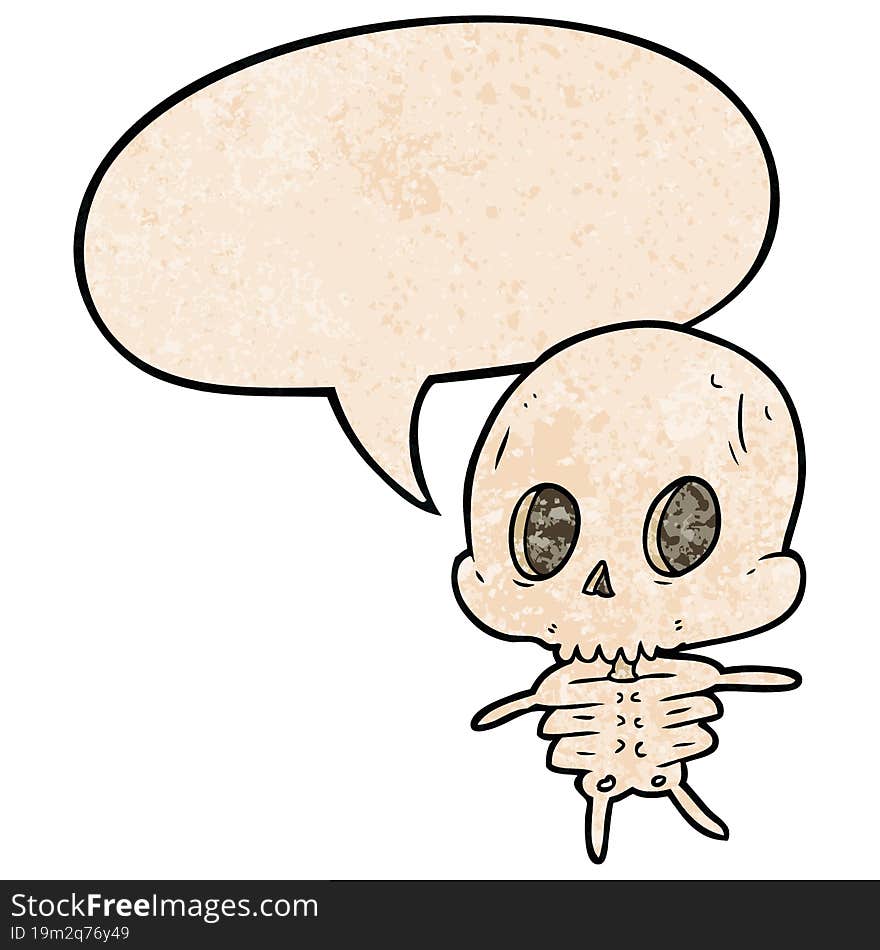 cute cartoon skeleton with speech bubble in retro texture style