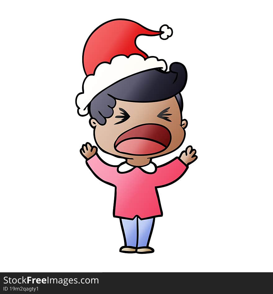 hand drawn gradient cartoon of a shouting man wearing santa hat