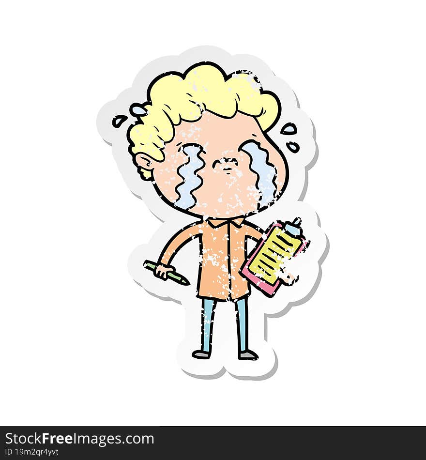 distressed sticker of a cartoon man crying