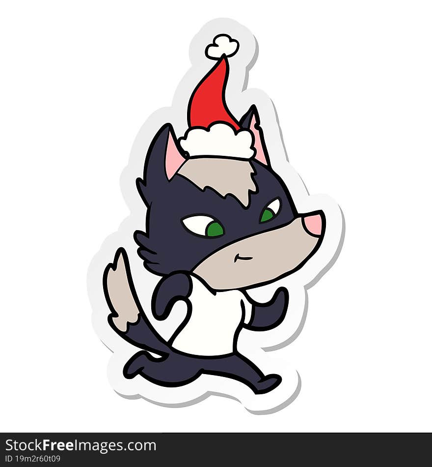 friendly hand drawn sticker cartoon of a wolf wearing santa hat. friendly hand drawn sticker cartoon of a wolf wearing santa hat