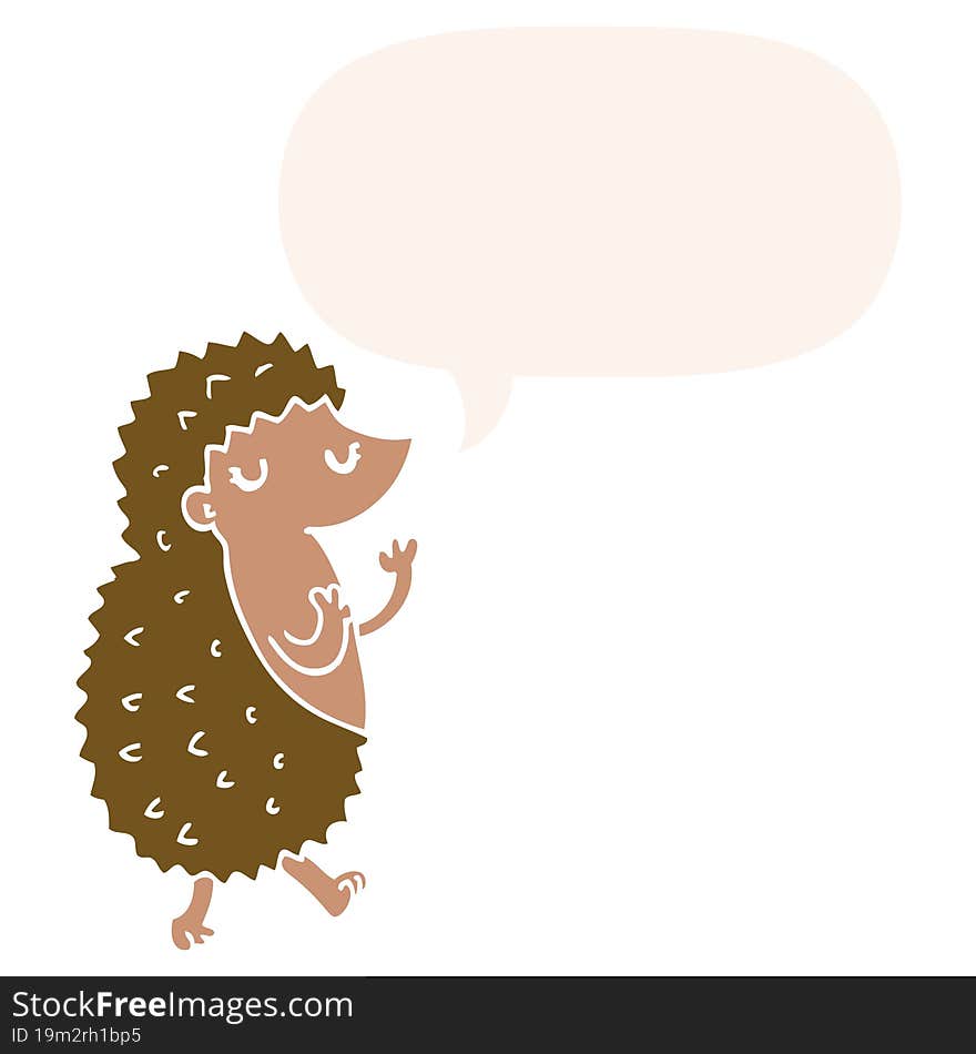 cartoon hedgehog and speech bubble in retro style