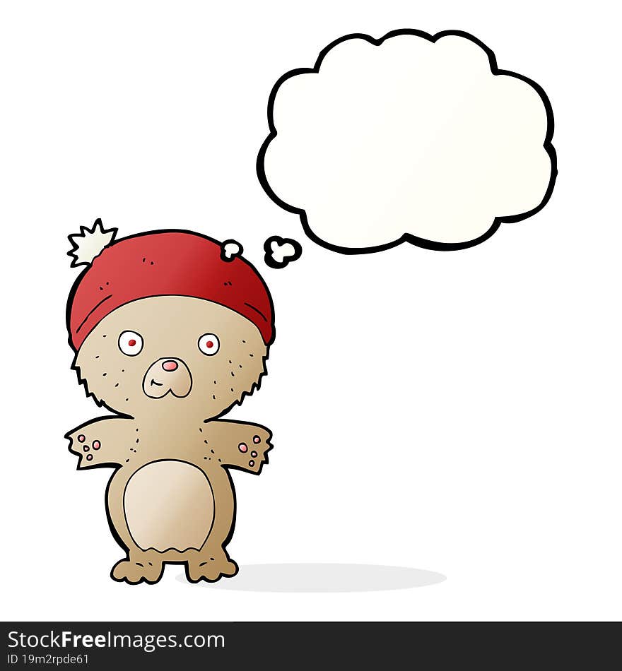 cartoon cute teddy bear in hat with thought bubble