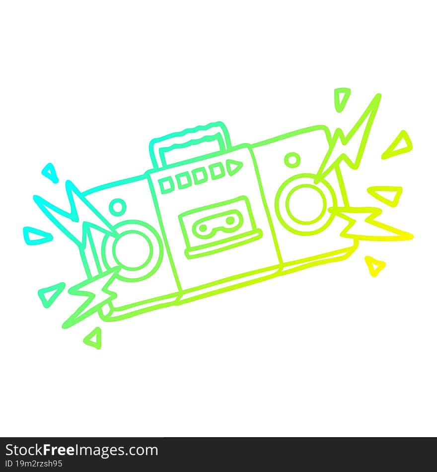 cold gradient line drawing of a retro cartoon tape cassette player blasting out old rock tunes