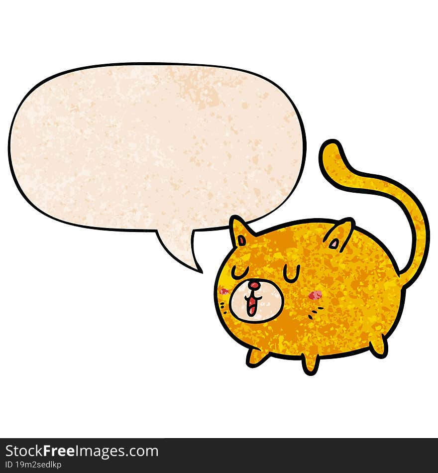 cartoon happy cat and speech bubble in retro texture style