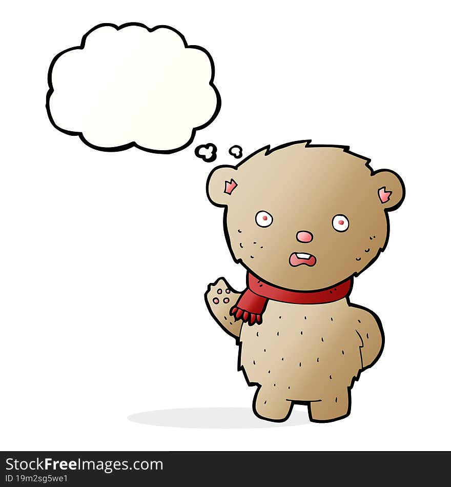 cartoon teddy bear wearing scarf with thought bubble