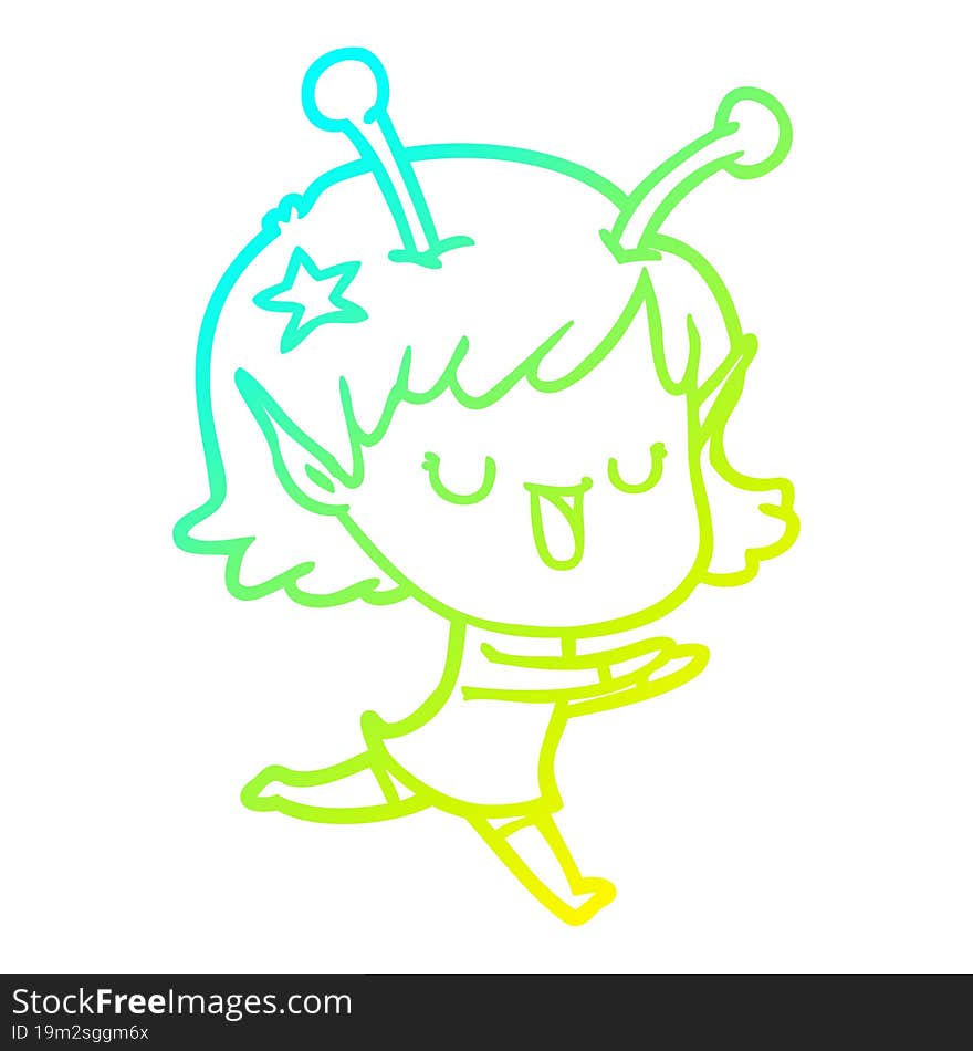 Cold Gradient Line Drawing Happy Alien Girl Cartoon