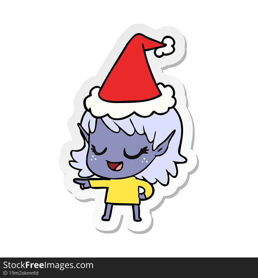 happy hand drawn sticker cartoon of a elf girl pointing wearing santa hat. happy hand drawn sticker cartoon of a elf girl pointing wearing santa hat