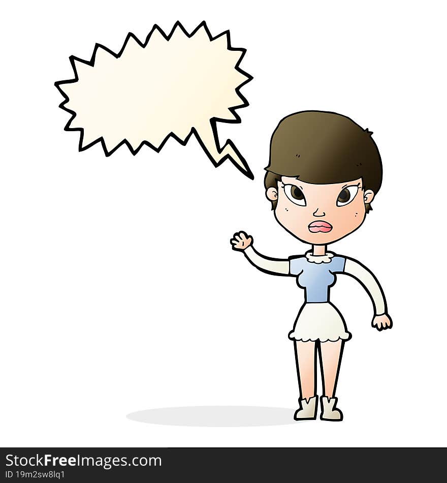 cartoon woman waving with speech bubble