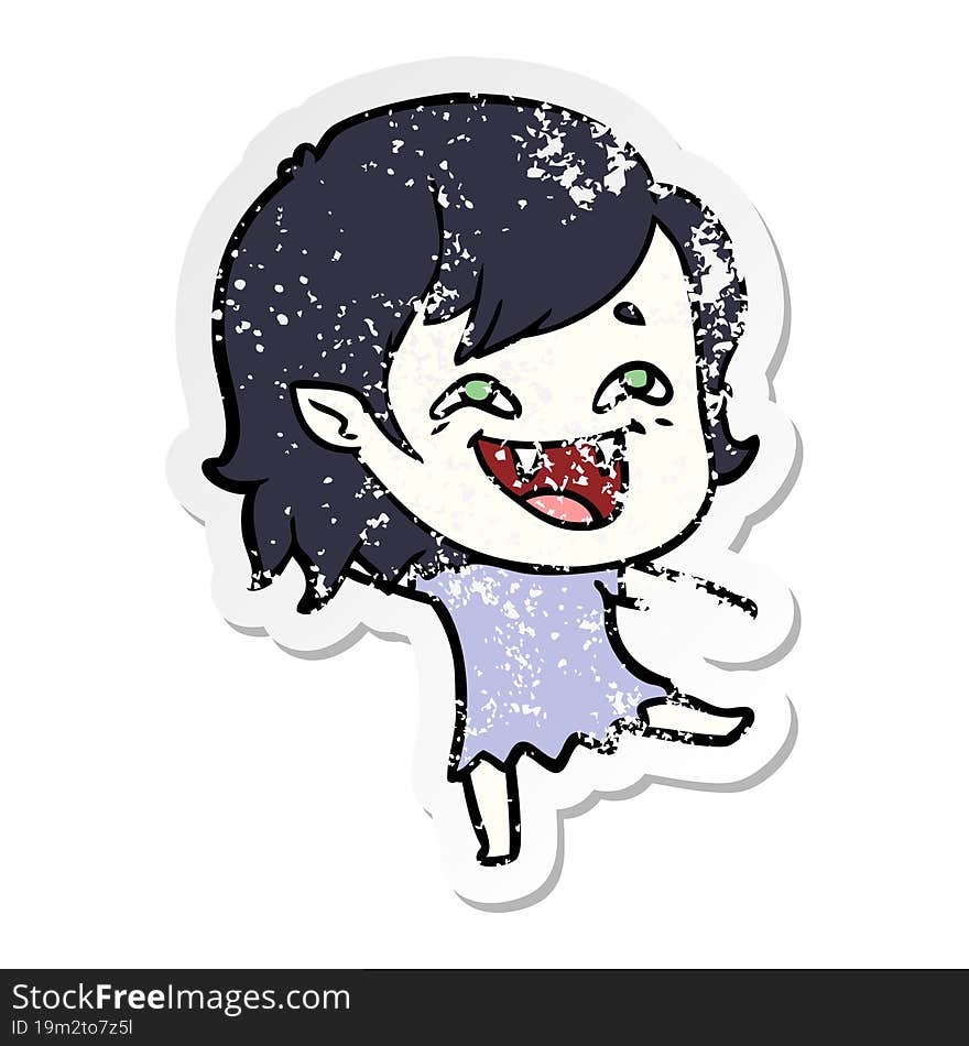 distressed sticker of a cartoon laughing vampire girl