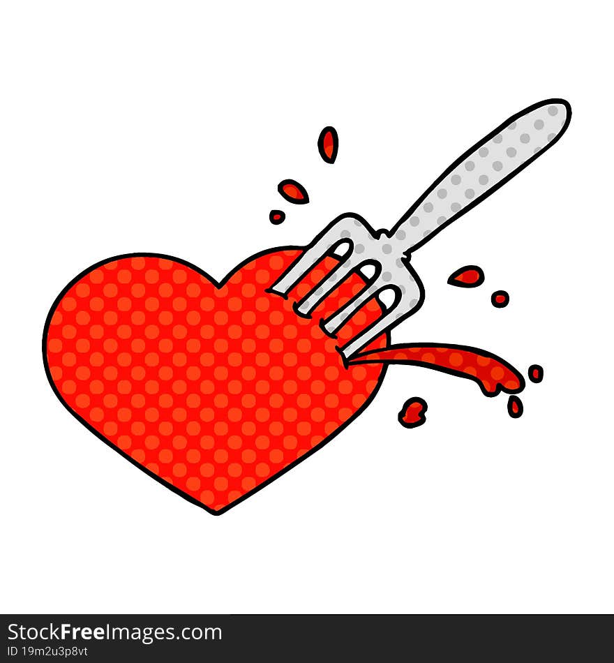 cartoon love heart stuck with fork. cartoon love heart stuck with fork