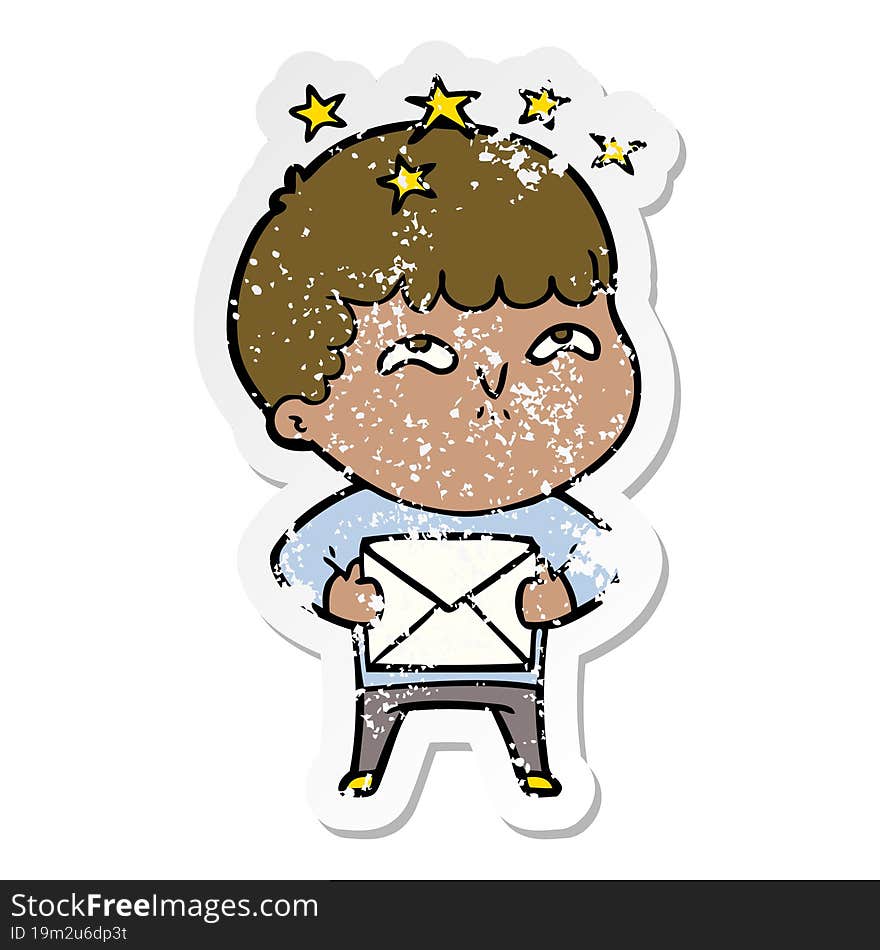 distressed sticker of a cartoon amazed boy