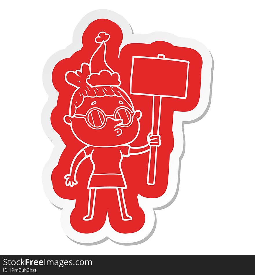 quirky cartoon  sticker of a woman wearing glasses wearing santa hat