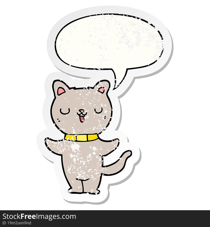 cartoon cat with speech bubble distressed distressed old sticker. cartoon cat with speech bubble distressed distressed old sticker