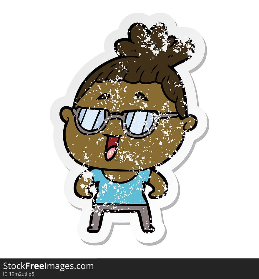 distressed sticker of a cartoon happy woman wearing spectacles