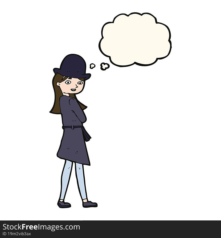 cartoon female spy with thought bubble