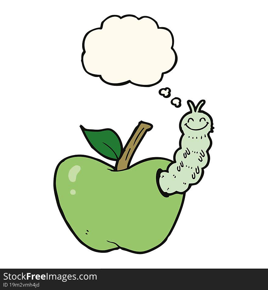 cartoon apple with bug with thought bubble