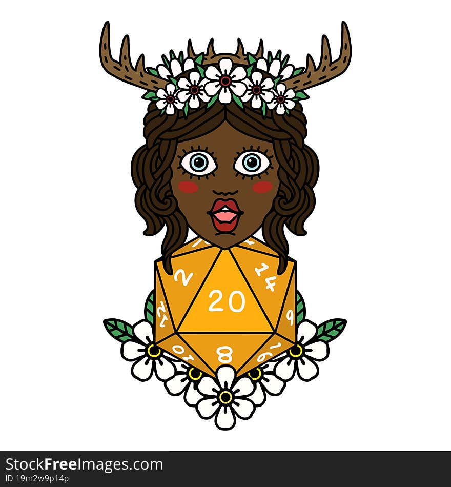 Human Druid With Natural Twenty Dice Roll Illustration