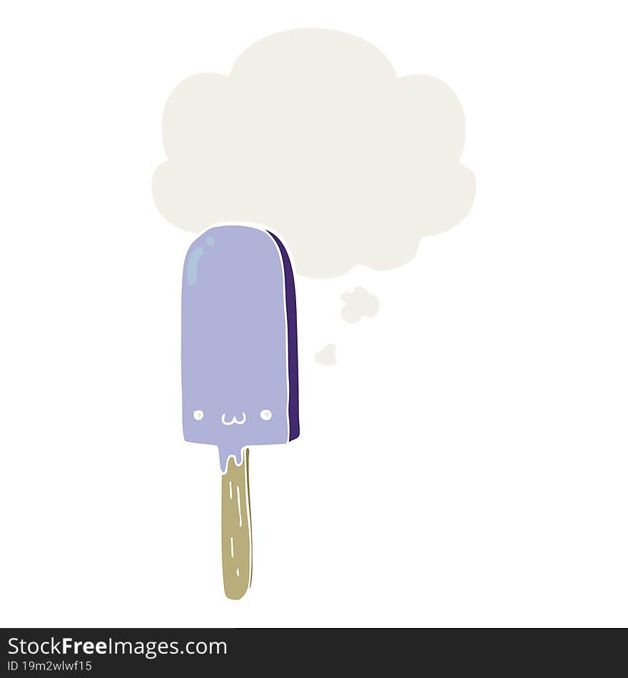 cartoon ice lolly with thought bubble in retro style