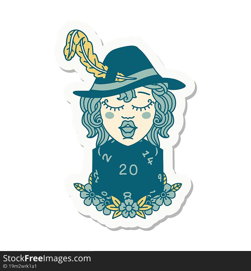 sticker of a human bard with natural 20 dice roll. sticker of a human bard with natural 20 dice roll