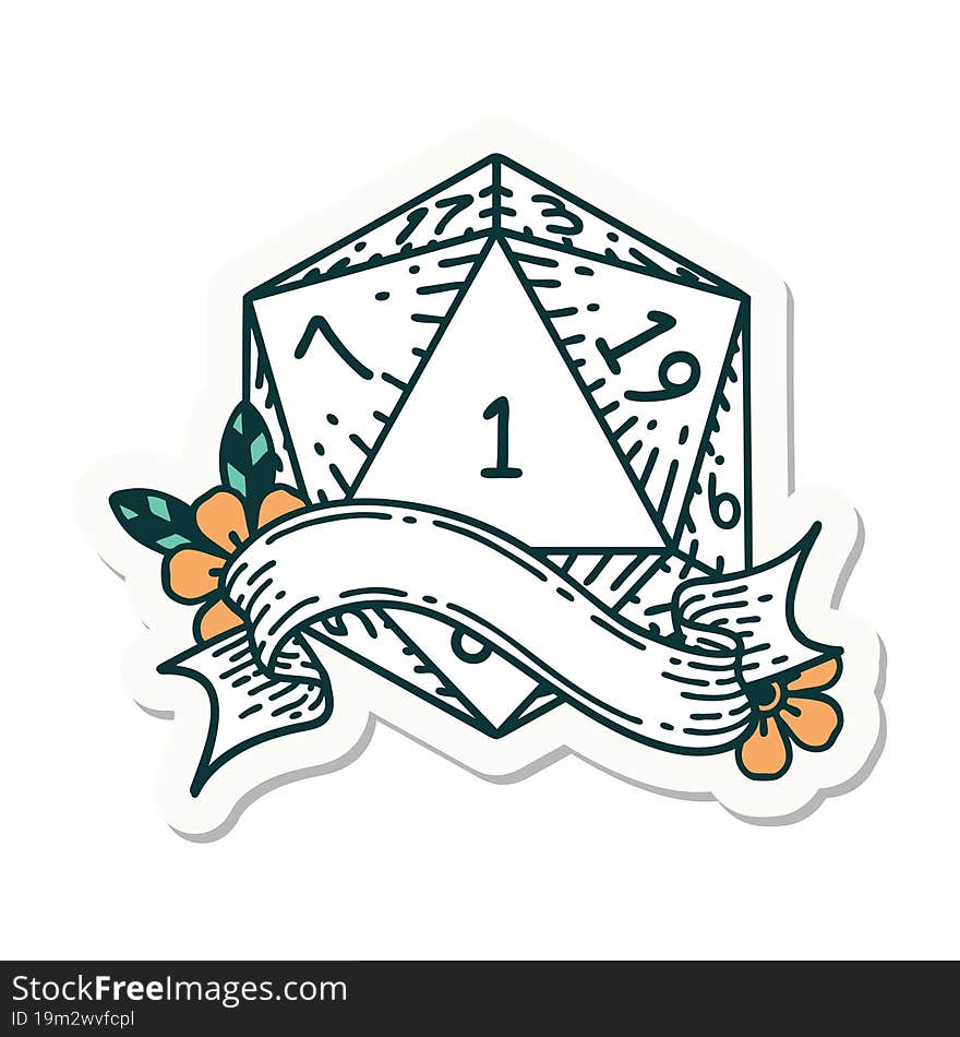 natural one d20 dice roll sticker