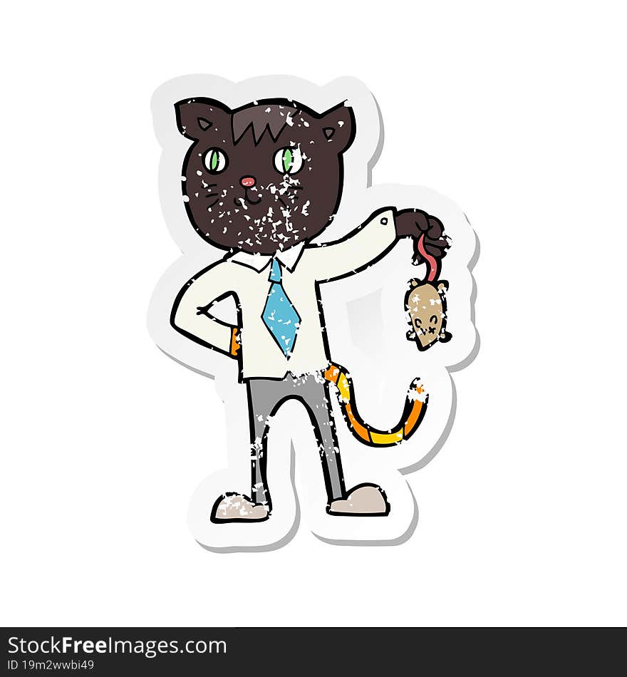 retro distressed sticker of a cartoon business cat with dead mouse