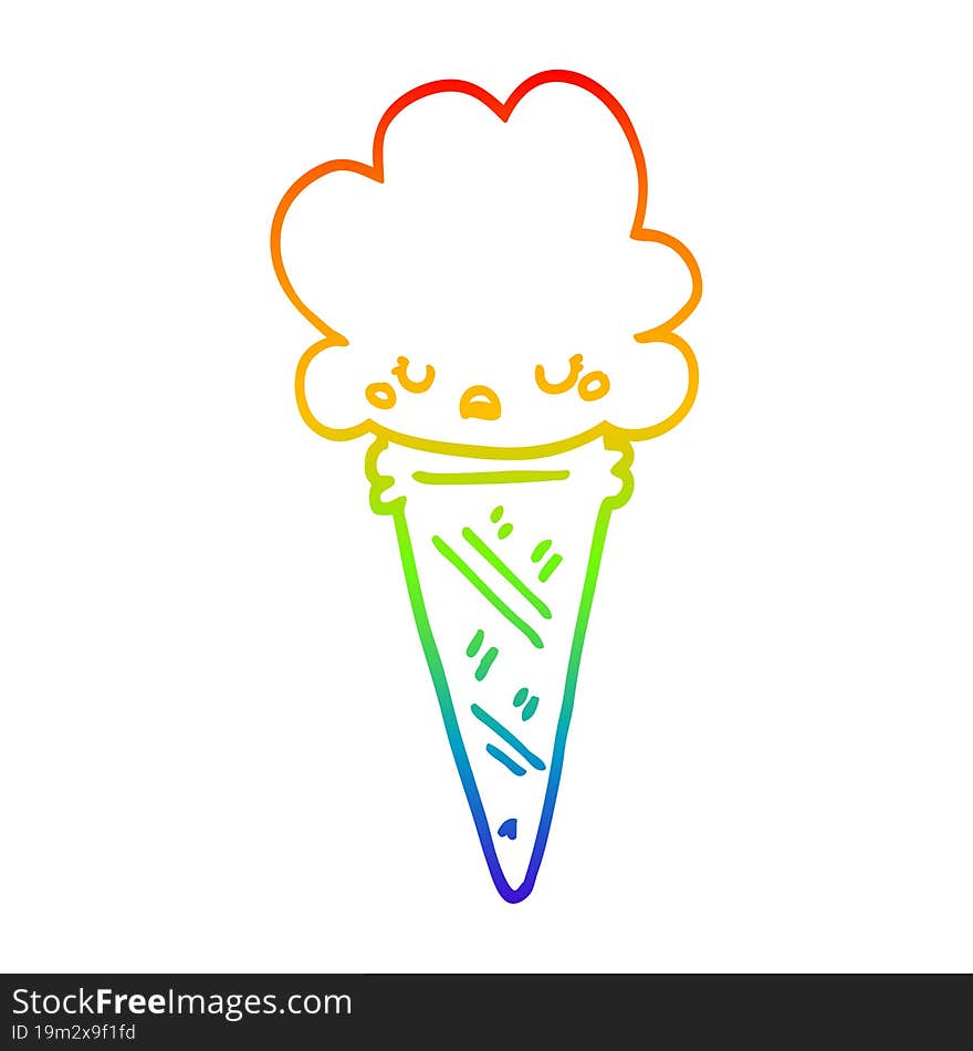 rainbow gradient line drawing of a cartoon ice cream with face