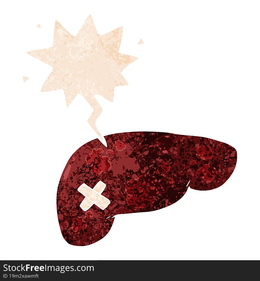 cartoon unhealthy liver and speech bubble in retro textured style