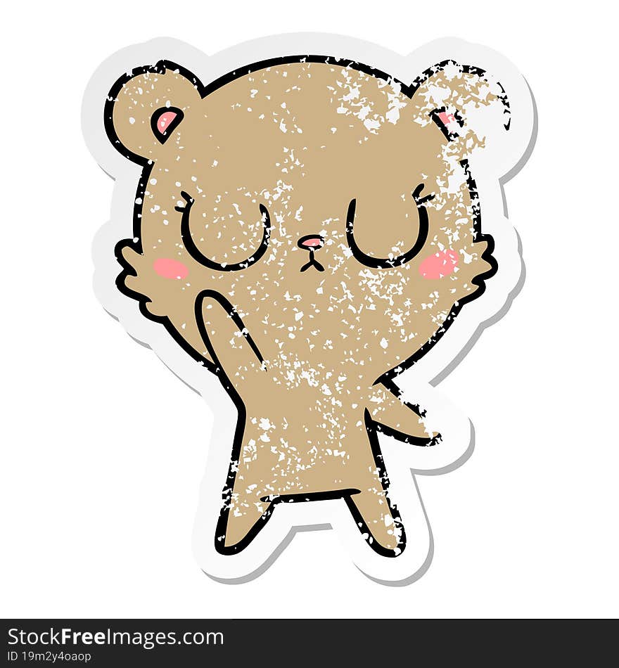 distressed sticker of a peaceful cartoon bear